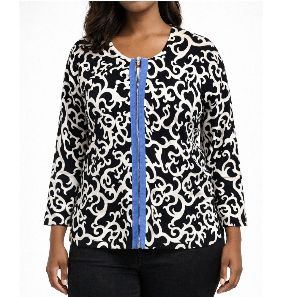 Peck & Peck Weekend Womens M Black White Swirl‎ Print Zip Front Cotton Cardigan